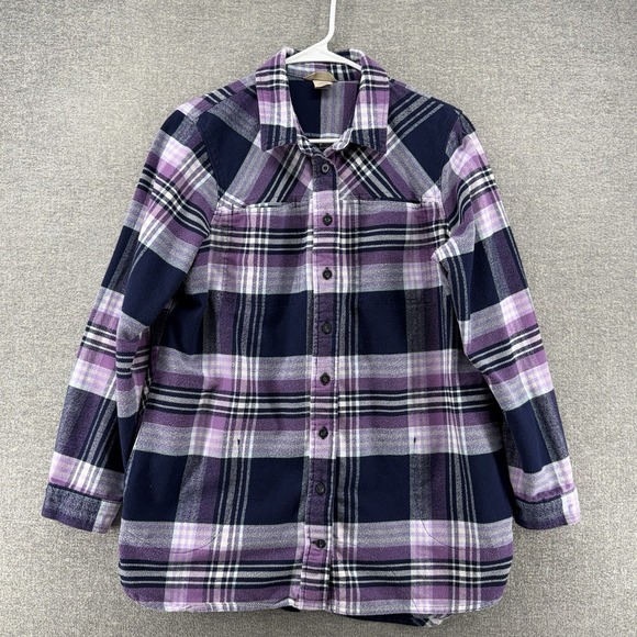 Duluth Trading Co Tops - Duluth Trading Flannel Shacket Women Size Large Purple Plaid Long Sleeve Cottage